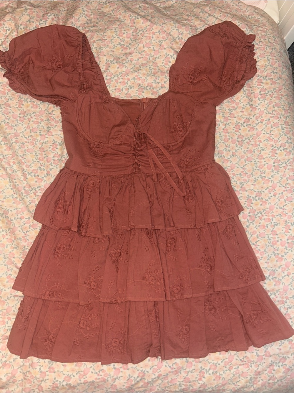Altar’d State Rust Tiered Puff-Sleeve Mini Dress